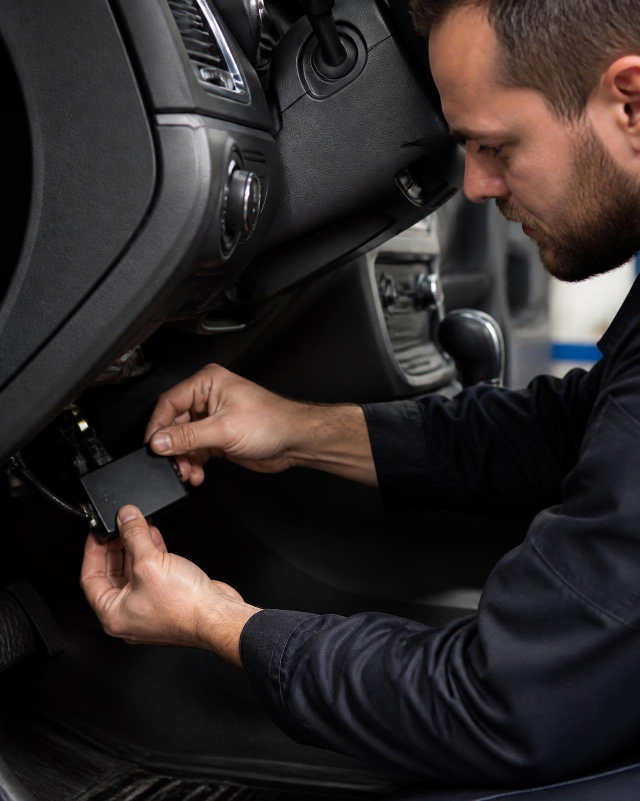 Técnico instalando un dispositivo GPS bajo el tablero de un automóvil